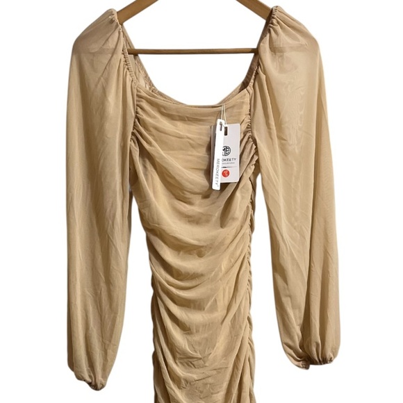NWT MEROKETTY Long Puff Sleeve Ruched Bodycon Square Neck Mesh Midi Sz S Women - Picture 10 of 10